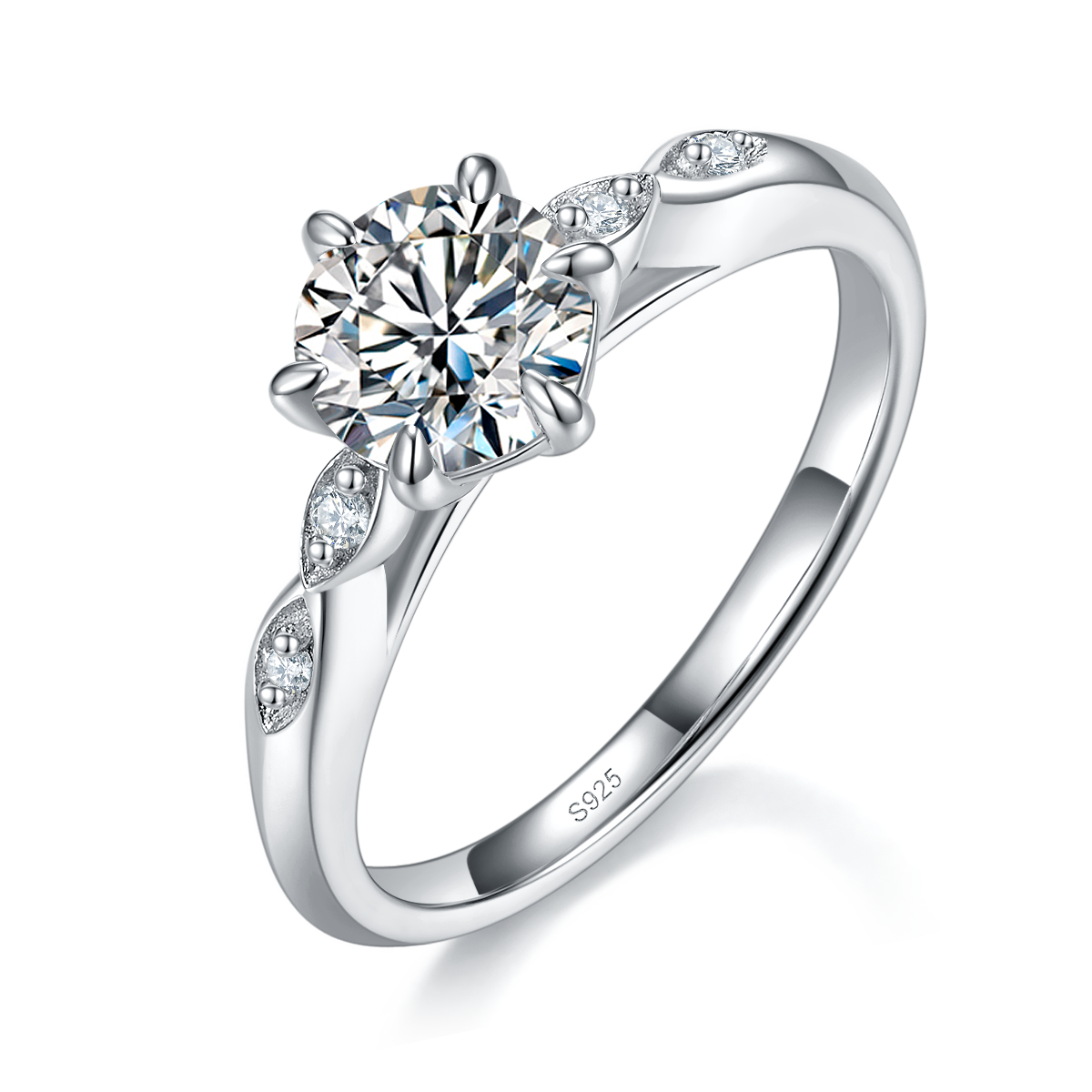 简约六爪女戒S925银镀白金定制选款主石莫桑钻1.0ct/副石高碳钻