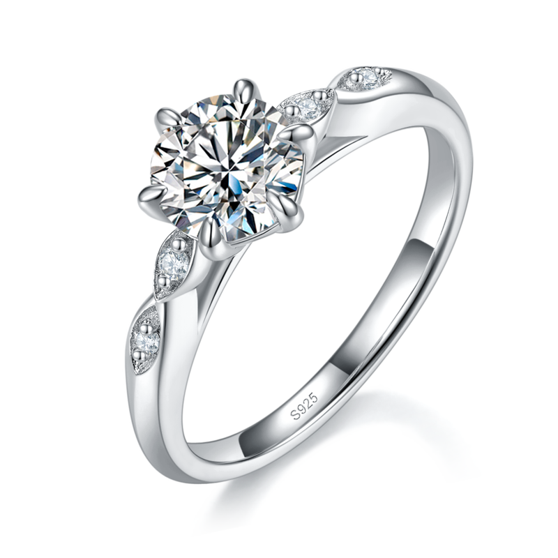 简约六爪Women's RingS925银镀白金定制选款主石Moissanite1.0ct/副石高碳钻