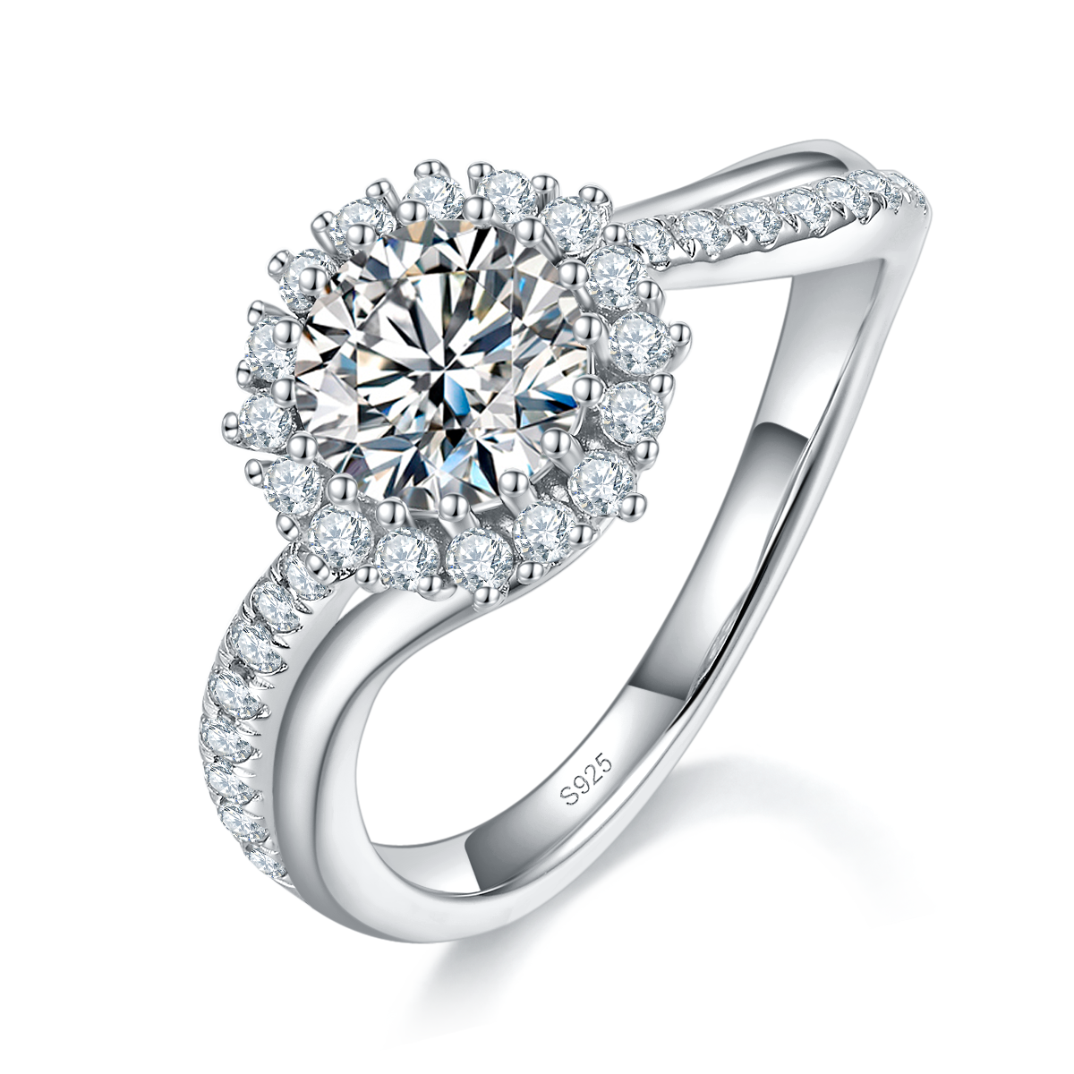 扭臂微镶太阳花女戒S925银镀白金定制选款主石莫桑钻1.0ct/副石高碳钻