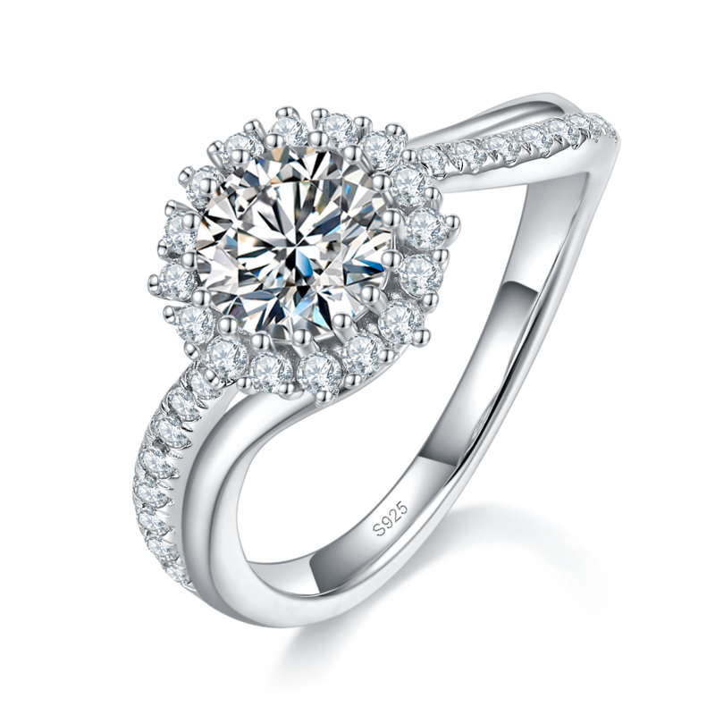扭臂微镶太阳花Women's RingS925银镀白金定制选款主石Moissanite1.0ct/副石高碳钻