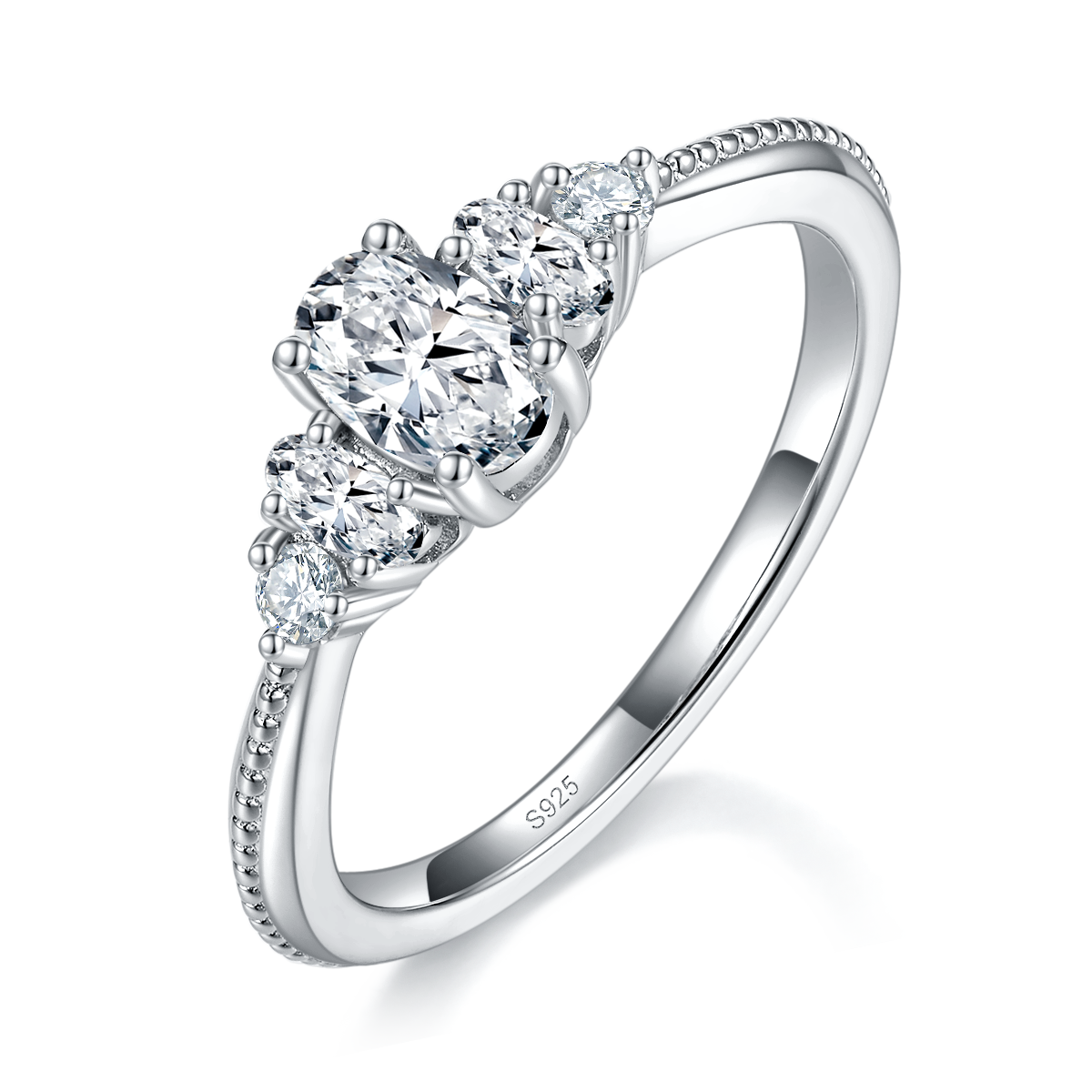 三石款蛋形女戒S925银镀白金定制选款主副石莫桑钻1.0ct