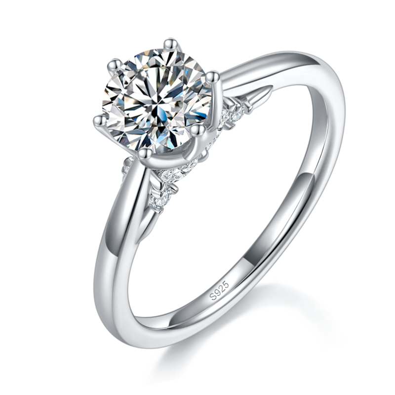 单头Women's RingS925银镀白金定制选款主石Moissanite1.0ct/副石高碳钻