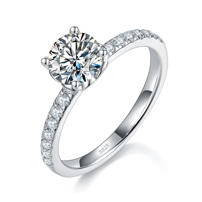 微镶四爪女戒S925银镀白金定制选款主石莫桑钻1.0ct/副石高碳钻