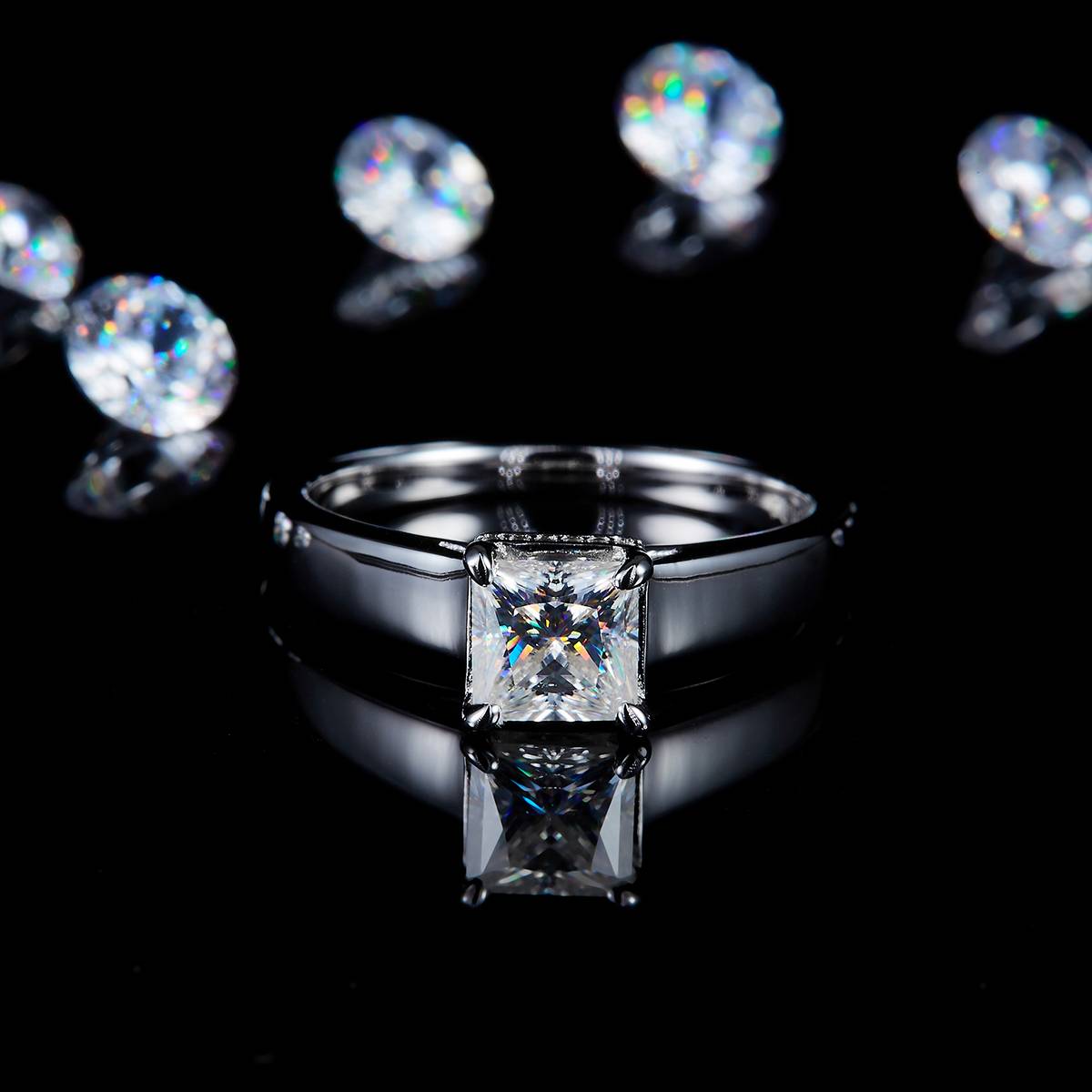 Fashion Square Diamond Women's Ring S925 Silver Plated Platinum Customized Selection Main Stone Moissanite 1.0ct/Side Stone Cubic Zirconia