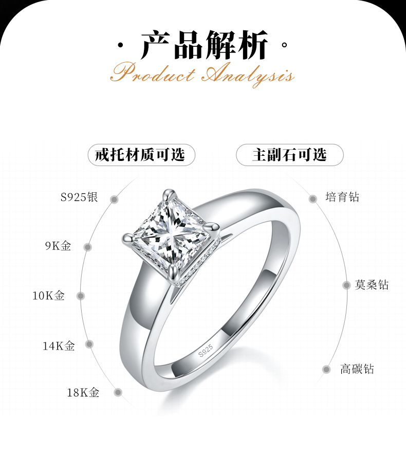 时尚方钻女戒S925银镀白金定制选款主石莫桑钻1.0ct/副石高碳钻 - 2
