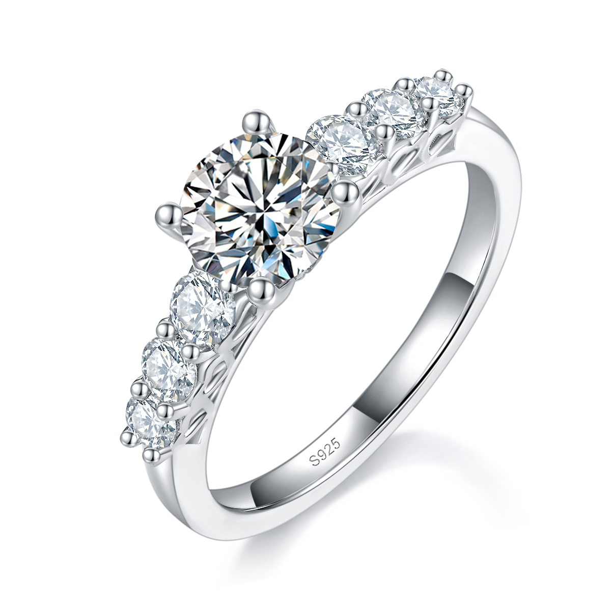 Light Luxury Four Claw Women's Ring S925 Silver Plated Platinum Customized Selection Main Stone Moissanite 1.0ct/Side Stone Cubic Zirconia
