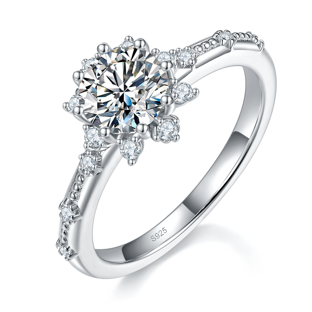 轻奢太阳花女戒S925银镀白金定制选款主石莫桑钻1.0ct/副石高碳钻