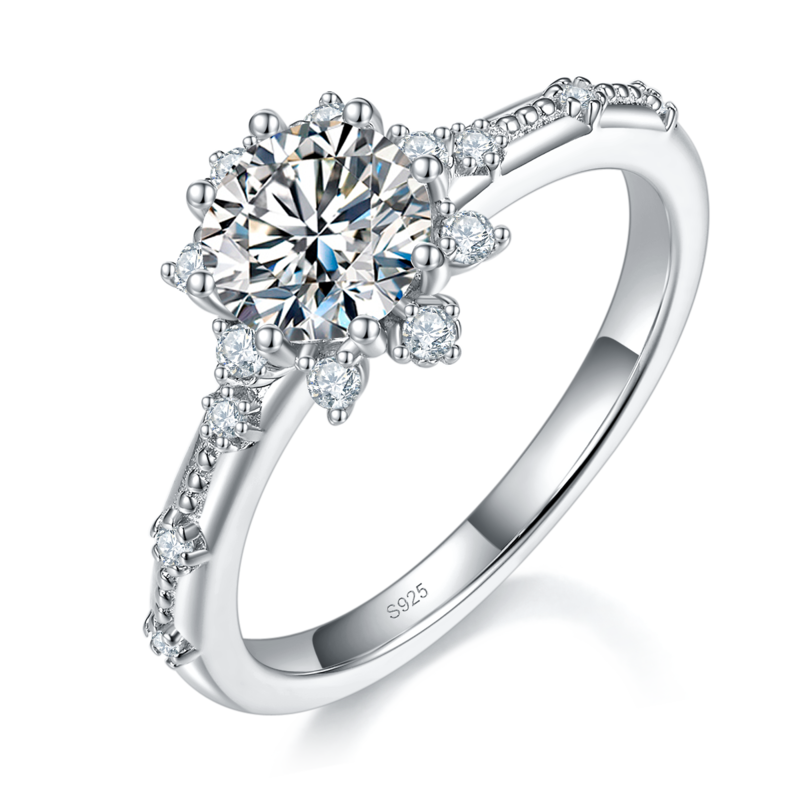 轻奢太阳花女戒S925银镀白金定制选款主石莫桑钻1.0ct/副石高碳钻