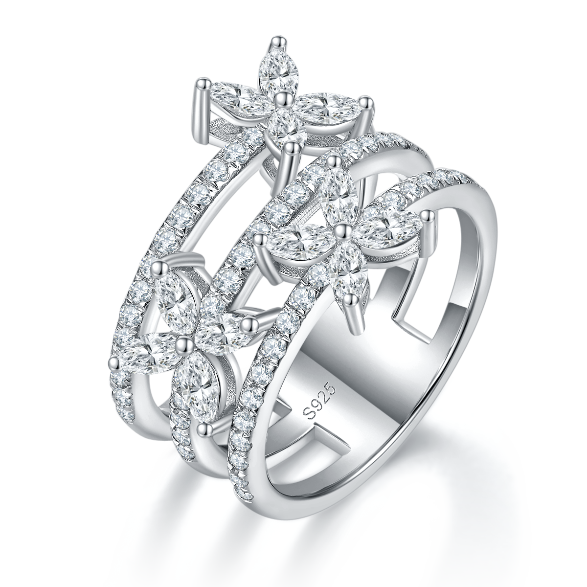 Four leaf clover full diamond ring S925 silver plated platinum customized selection Side Stone Moissanite 1.77ct