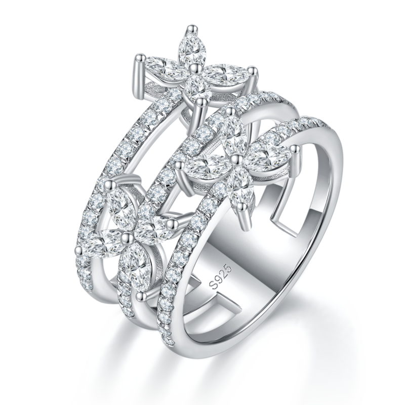 四叶草满钻排戒S925银镀白金定制选款副石莫桑钻1.77ct