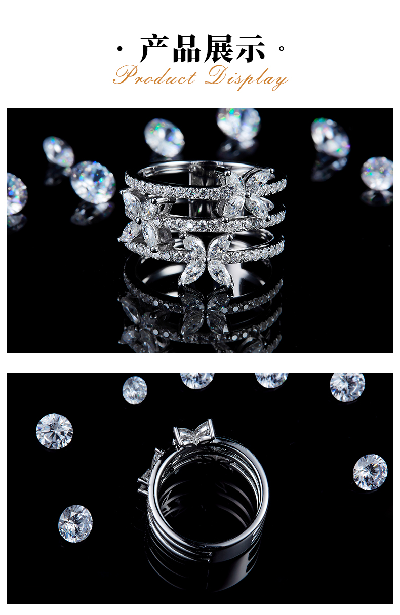 四叶草满钻排戒S925银镀白金定制选款副石莫桑钻1.77ct - 3