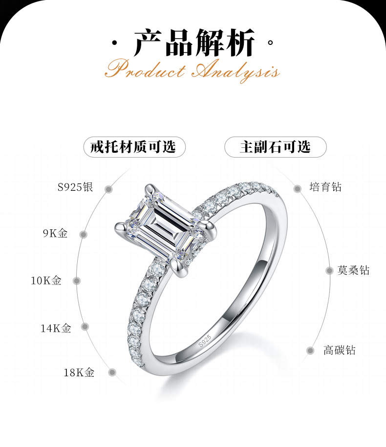 祖母切女戒S925银镀白金定制选款主石莫桑钻1.0ct/副石高碳钻 - 2