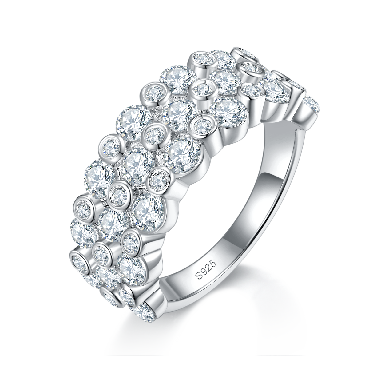 水泡碎钻排戒S925银镀白金定制选款副石莫桑钻4.285ct