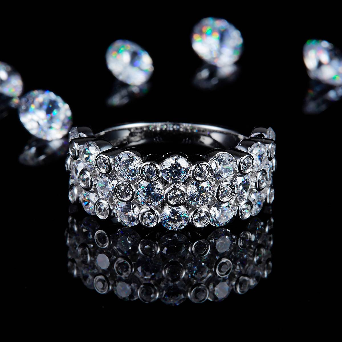 水泡碎钻排戒S925银镀白金定制选款副石莫桑钻4.285ct