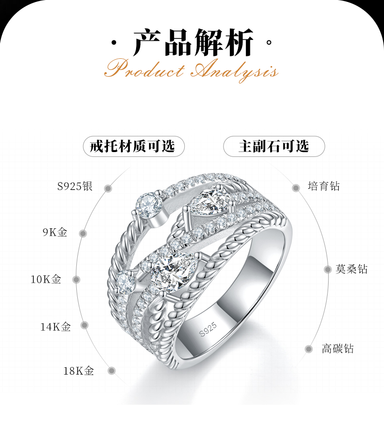 排戒女戒S925银镀白金定制选款主副石莫桑钻0.5ct - 2
