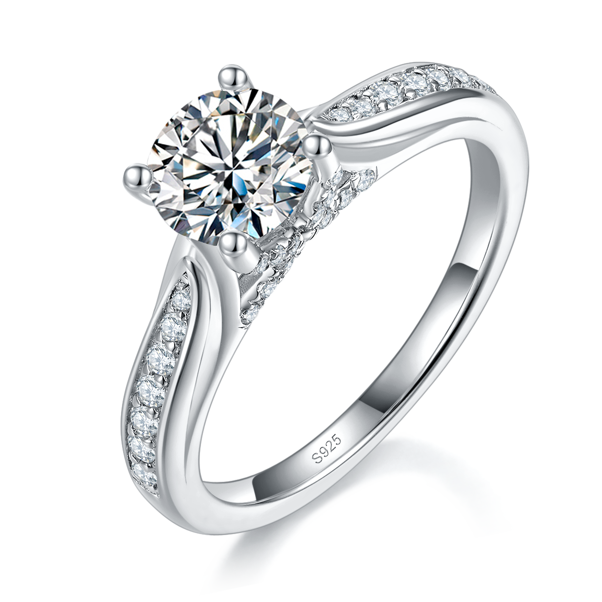 Light Luxury Micro Inlaid Four Claw Women's Ring S925 Silver Plated Platinum Customized Selection Main Stone Moissanite 1.0ct/Side Stone Cubic Zirconia