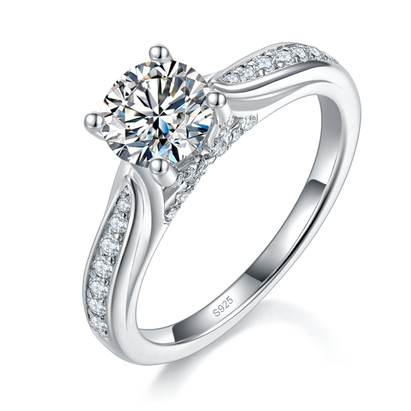Affordable Luxury微镶四爪Women's RingS925银镀白金定制选款主石Moissanite1.0ct/副石高碳钻