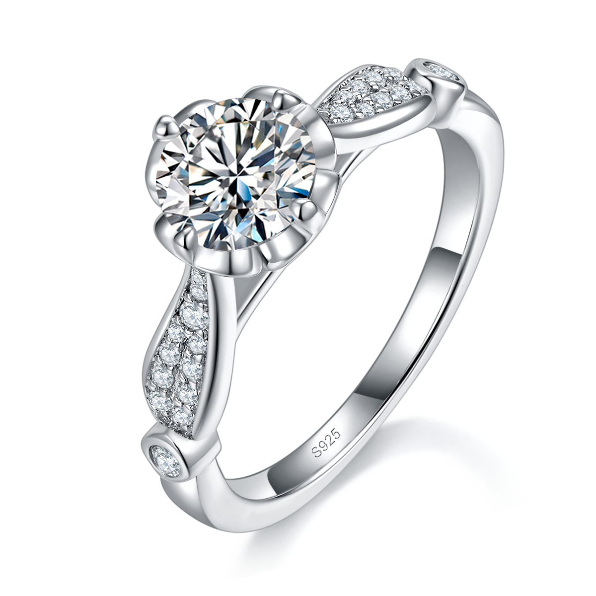 微镶爱心四爪女戒S925银镀白金定制选款主石莫桑钻1.0ct/副石高碳钻