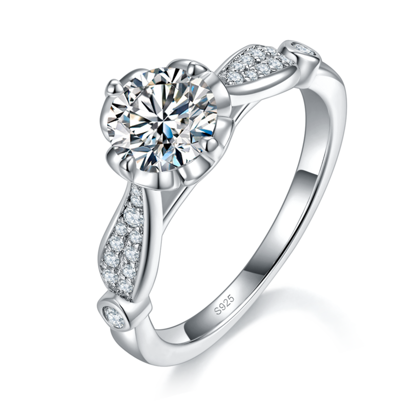 微镶爱心四爪Women's RingS925银镀白金定制选款主石Moissanite1.0ct/副石高碳钻