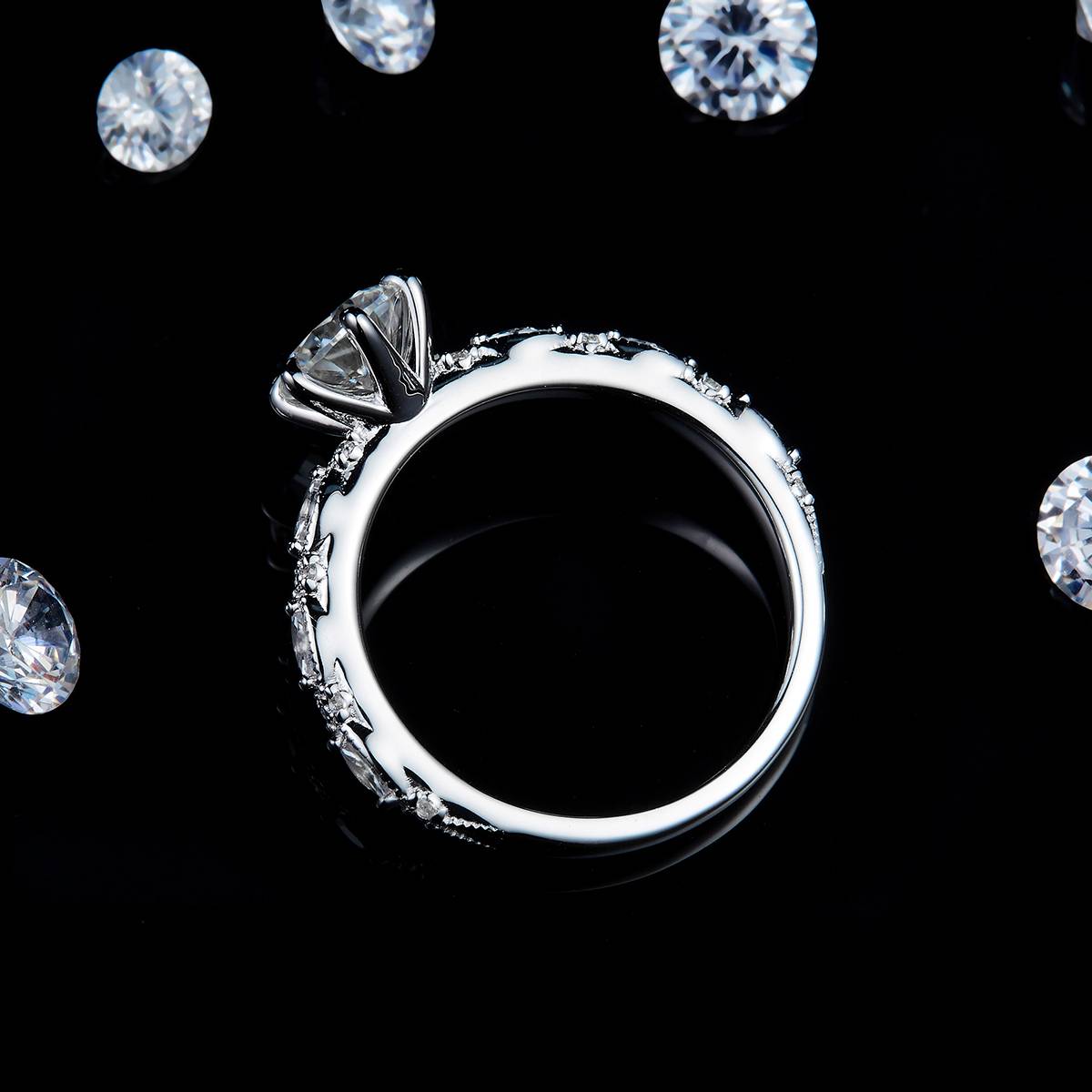 Light luxury micro inlaid Marquis diamond six claw round diamond women's ring S925 silver plated platinum customized selection main stone Moissanite 1.0ct/Side Stone Cubic Zirconia