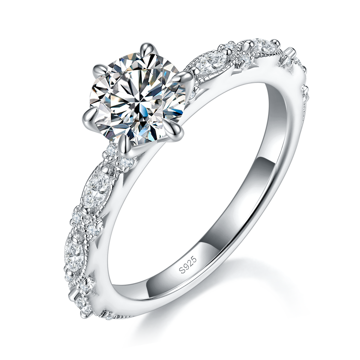 Light luxury micro inlaid Marquis diamond six claw round diamond women's ring S925 silver plated platinum customized selection main stone Moissanite 1.0ct/Side Stone Cubic Zirconia