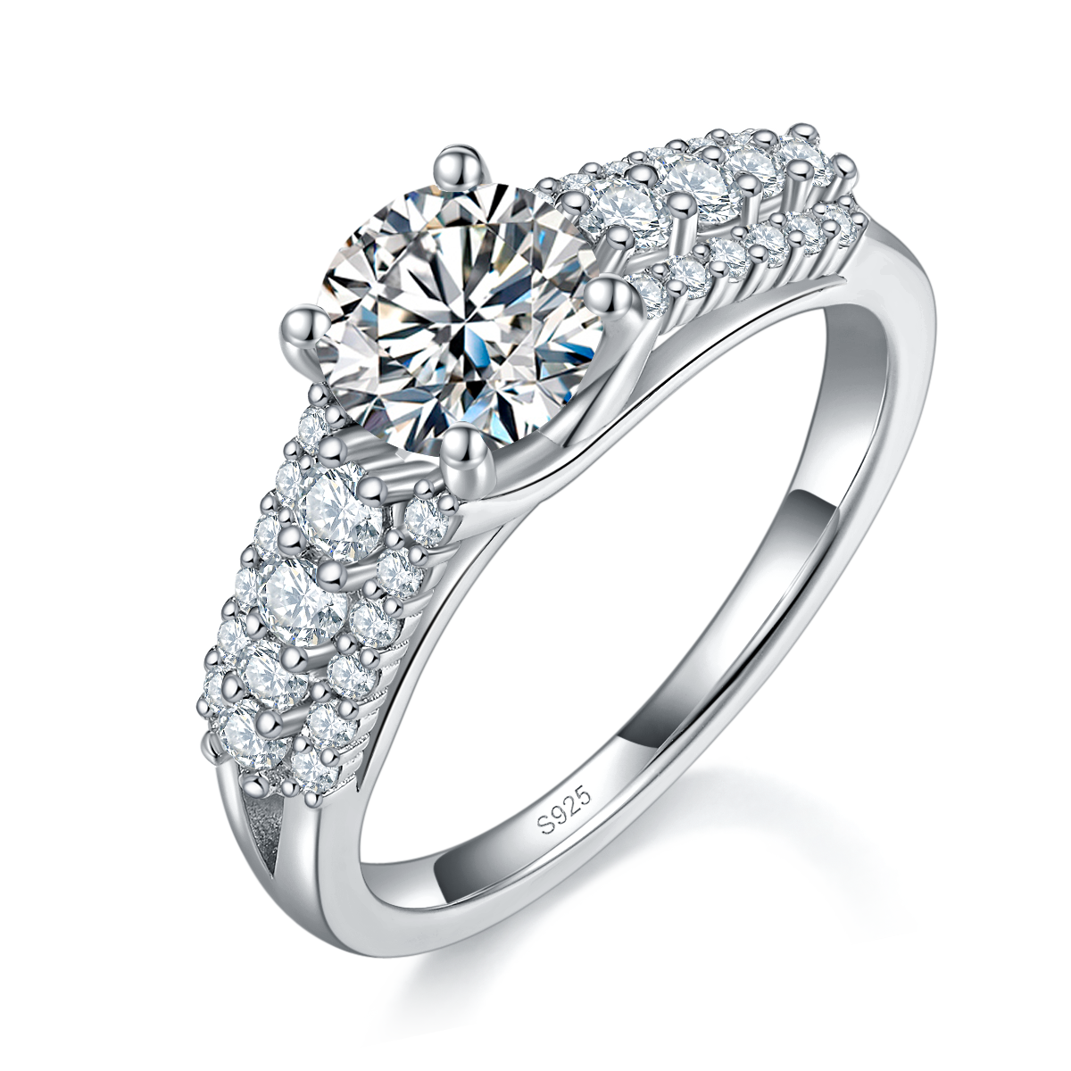 满钻轻奢四爪女戒S925银镀白金定制选款主石莫桑钻1.0ct/副石高碳钻