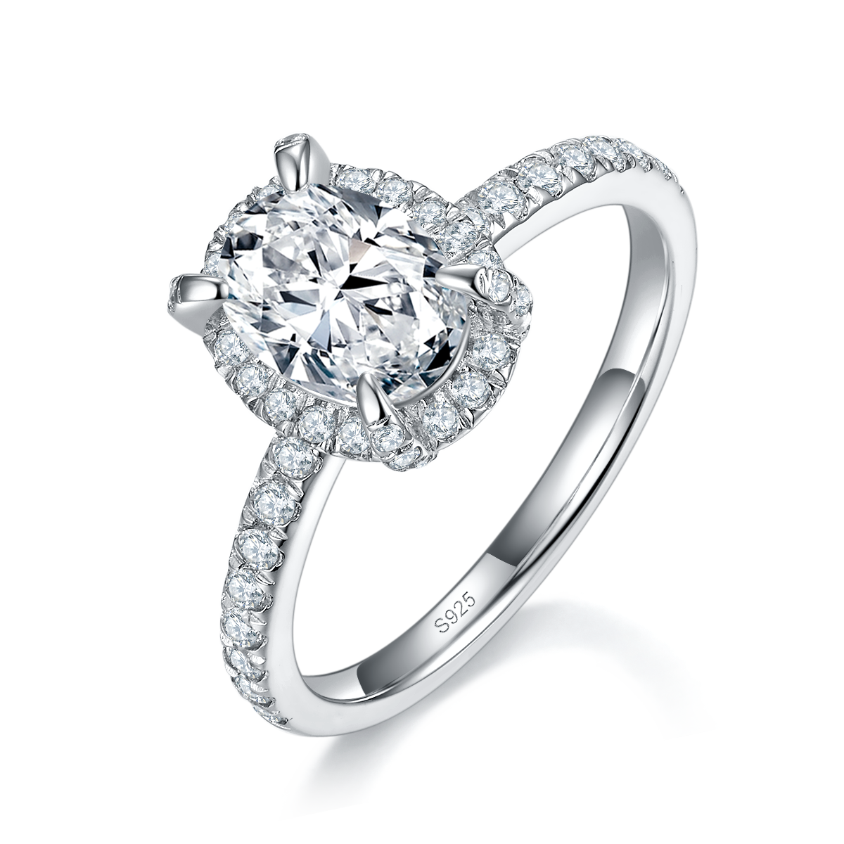 蛋形圆包女戒S925银镀白金定制选款主石莫桑钻1.5ct/副石高碳钻
