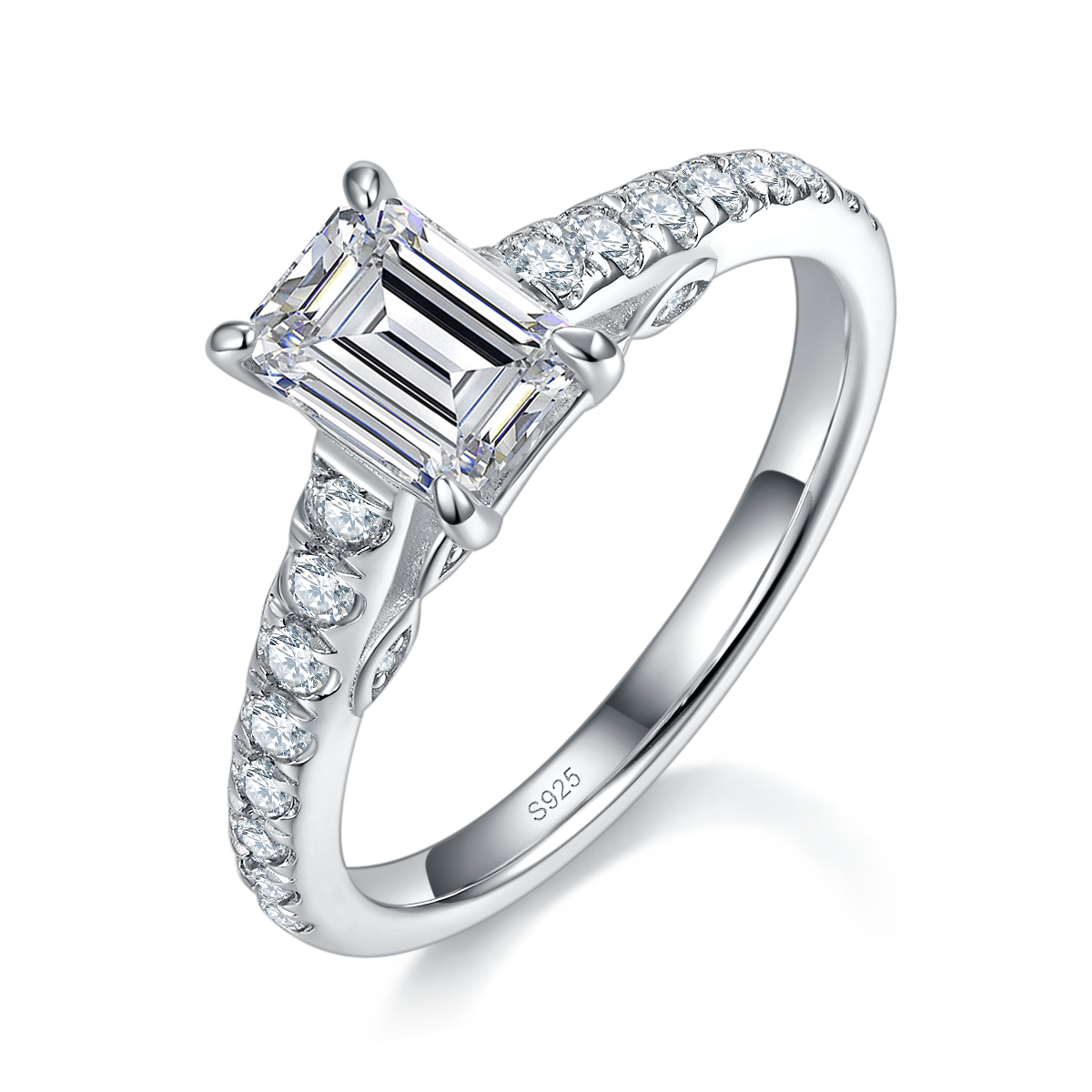 Emerald Cutting Women's Ring S925 Silver Plated Platinum Customized Selection Main Stone Moissanite 1.0ct/Side Stone Cubic Zirconia