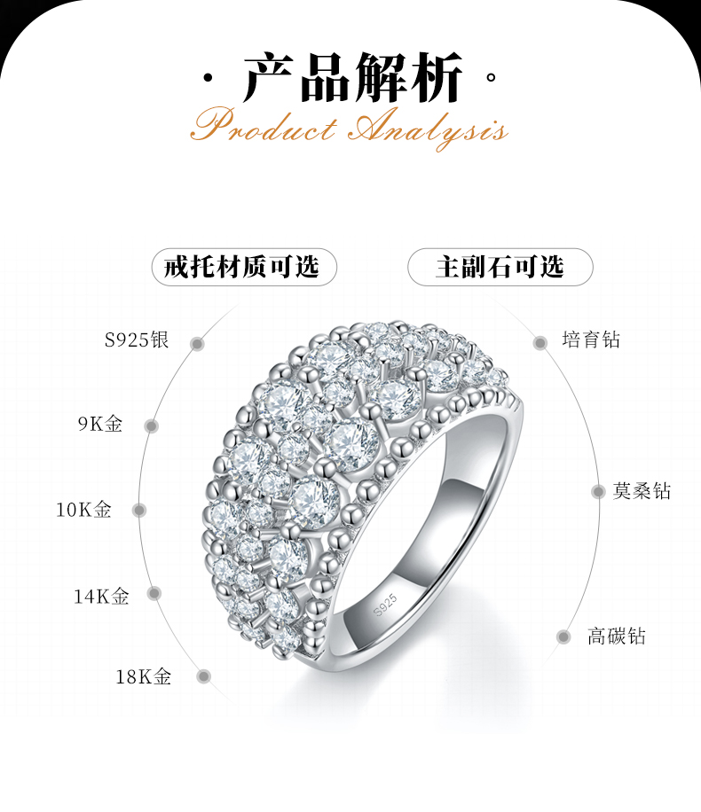 轻奢满钻排戒女戒S925银镀白金定制选款副石莫桑钻2.31ct - 2