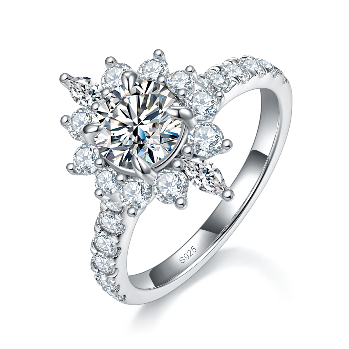 太阳花女戒S925银镀白金定制选款主石莫桑钻1.0ct/副石高碳钻