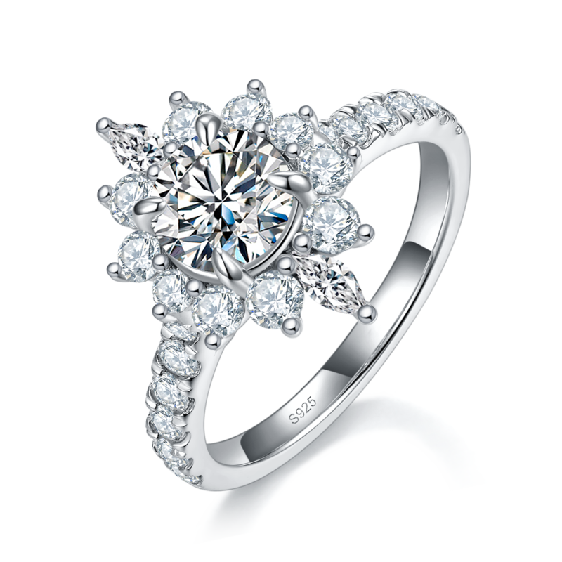 太阳花Women's RingS925银镀白金定制选款主石Moissanite1.0ct/副石高碳钻