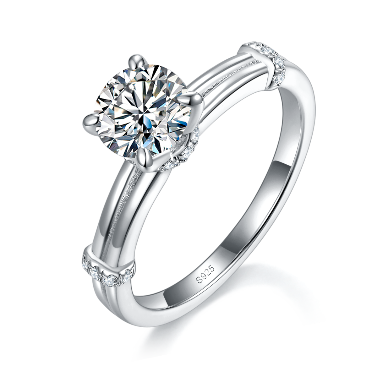Simple Light Arm Four Claw Women's Ring S925 Silver Plated Platinum Customized Selection Main Stone Moissanite 1.0ct/Side Stone Cubic Zirconia