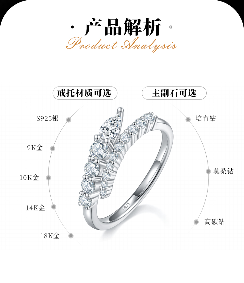 开口水滴排戒女戒S925银镀白金定制选款副石莫桑钻0.81ct - 2