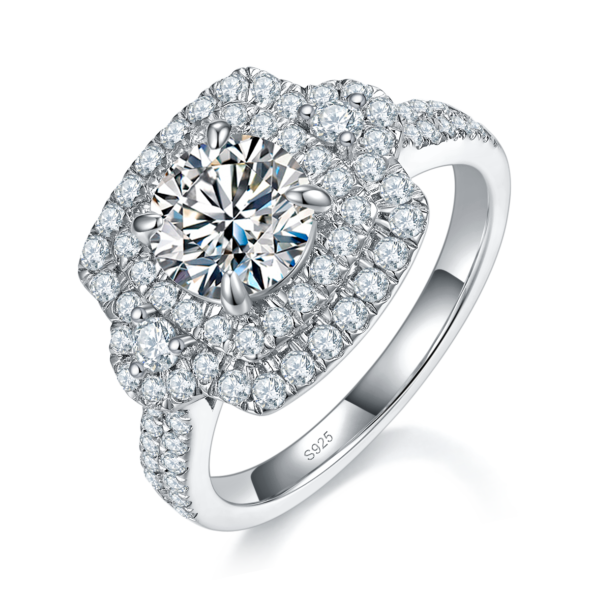 豪华方包女戒S925银镀白金定制选款主石莫桑钻1.2ct/副石高碳钻