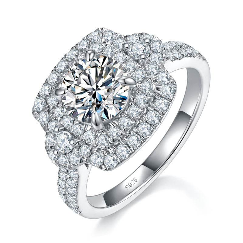 豪华方包女戒S925银镀白金定制选款主石莫桑钻1.2ct/副石高碳钻
