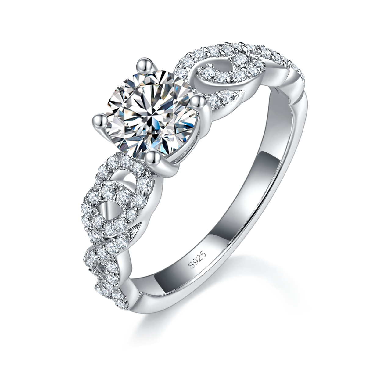 轻奢扭臂四爪女戒S925银镀白金定制选款主石莫桑钻1.0ct/副石高碳钻