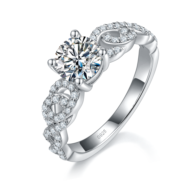 Affordable Luxury扭臂四爪Women's RingS925银镀白金定制选款主石Moissanite1.0ct/副石高碳钻