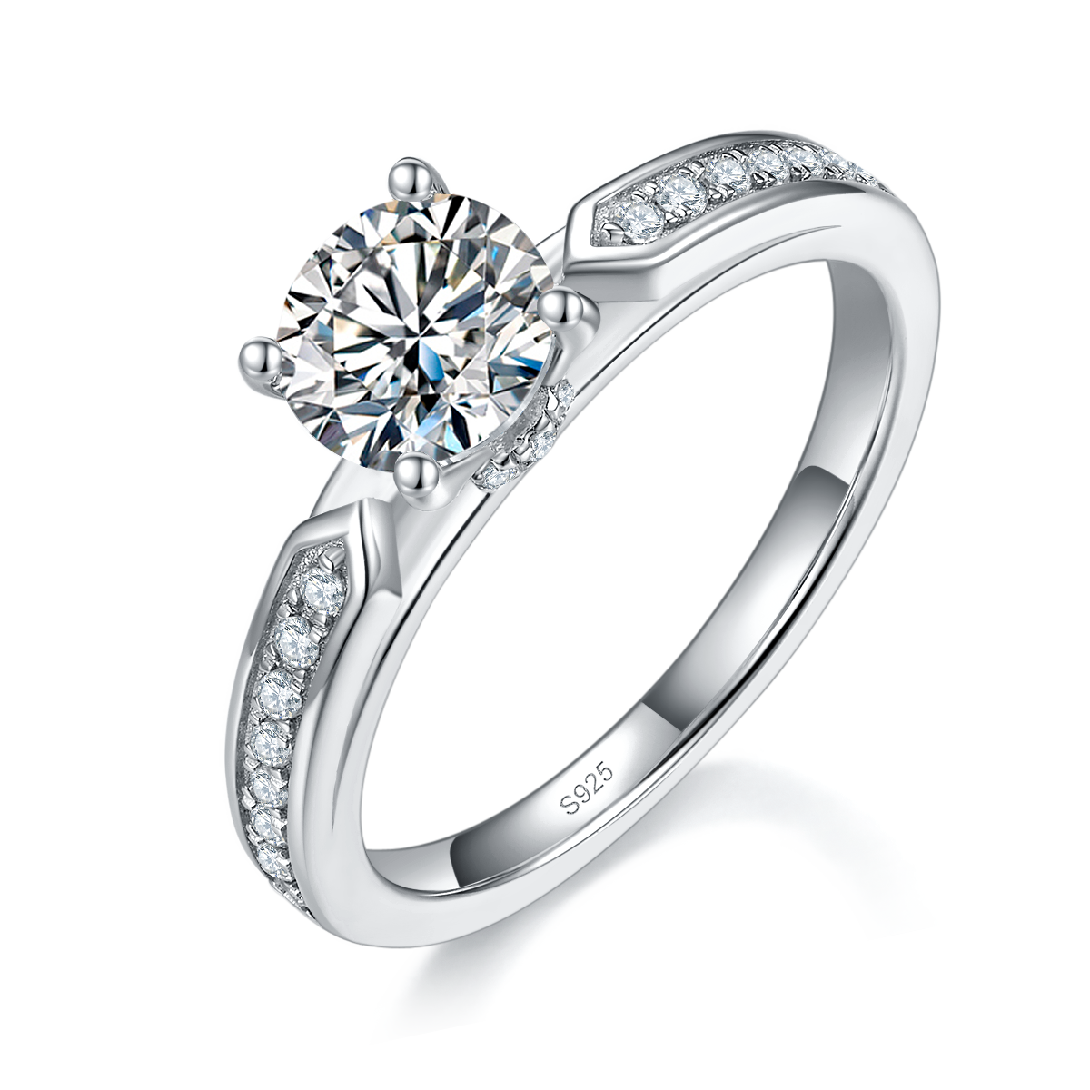 Straight arm micro inlaid four claw women's ring S925 silver plated platinum customized selection main stone Moissanite 1.0ct/Side Stone Cubic Zirconia