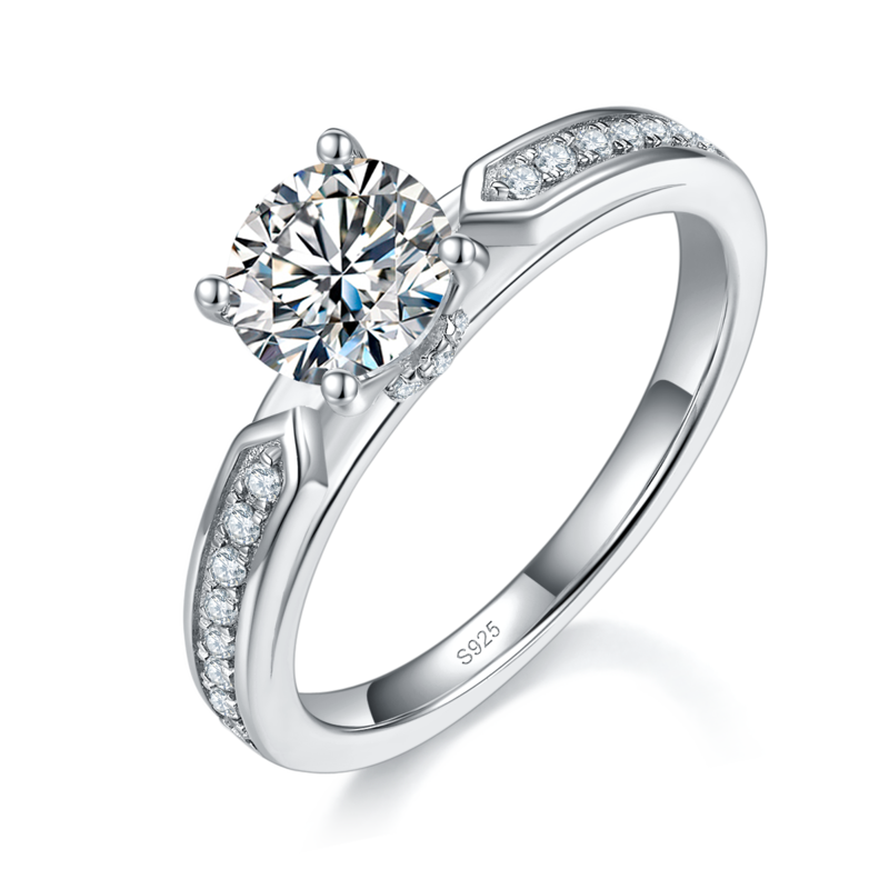 直臂微镶四爪女戒S925银镀白金定制选款主石莫桑钻1.0ct/副石高碳钻