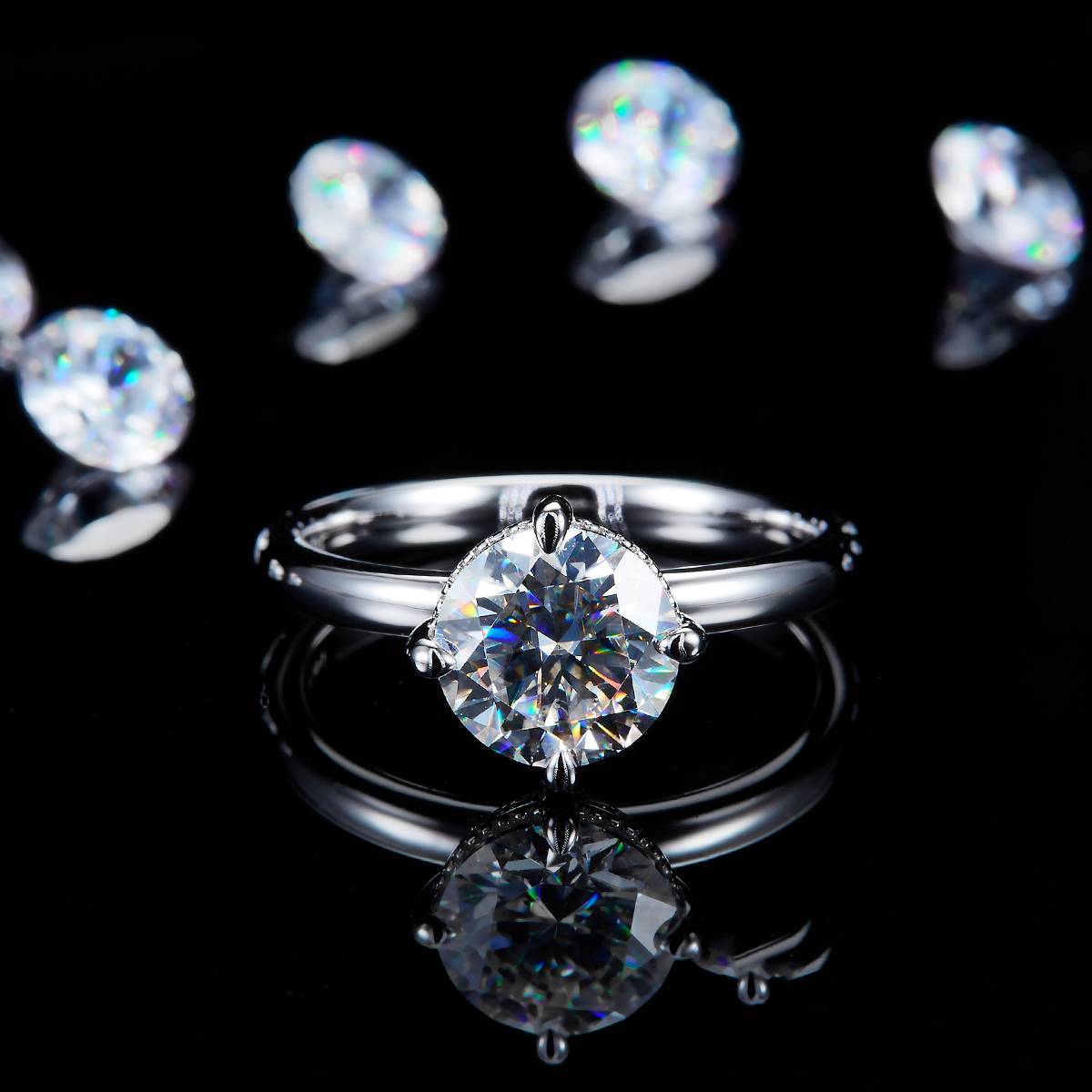 Barearm Four Claw Women's Ring S925 Silver Plated Platinum Customized Selection Main Stone Moissanite 2.0ct/Side Stone Cubic Zirconia