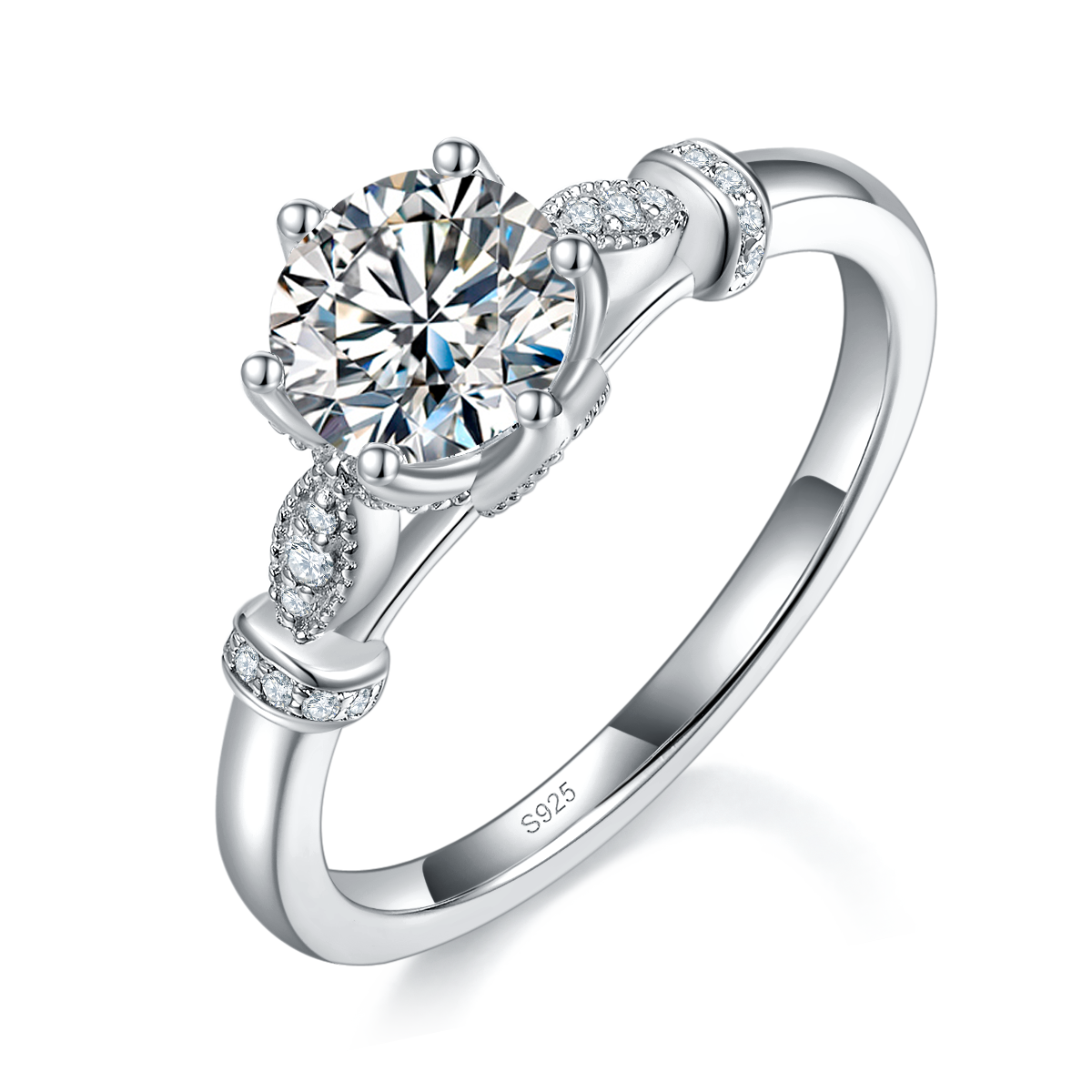 Light arm luxury six claw women's ring S925 silver plated platinum customized selection main stone Moissanite 1.0ct/Side Stone Cubic Zirconia