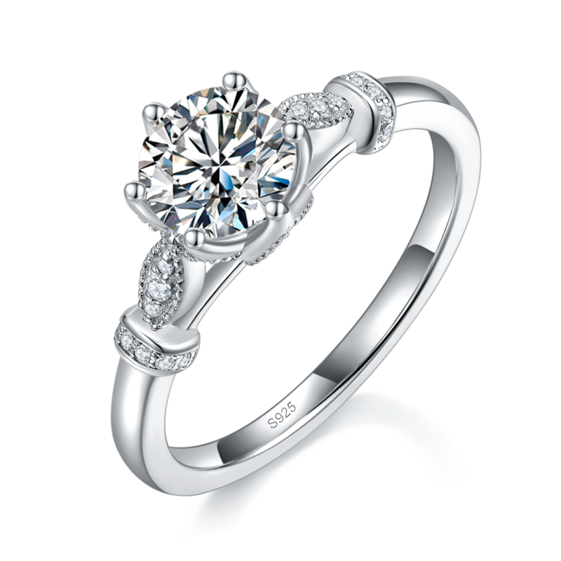 光臂Affordable Luxury六爪Women's RingS925银镀白金定制选款主石Moissanite1.0ct/副石高碳钻