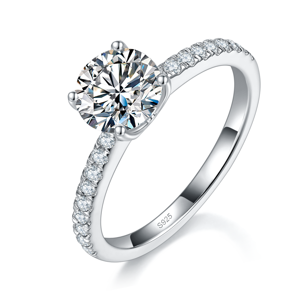 微镶四爪女戒S925银镀白金定制选款主石莫桑钻1.2ct/副石高碳钻