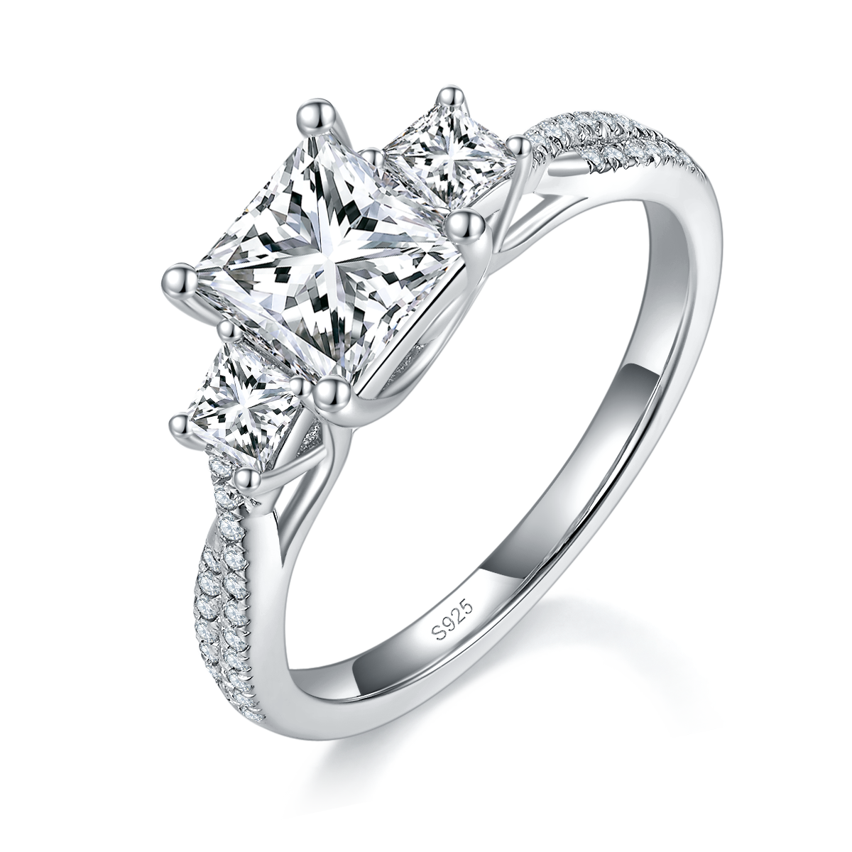 Three Stone Princess Women's Ring S925 Silver Plated Platinum Customized Selection Main Stone Moissanite 1.2ct/Side Stone Cubic Zirconia