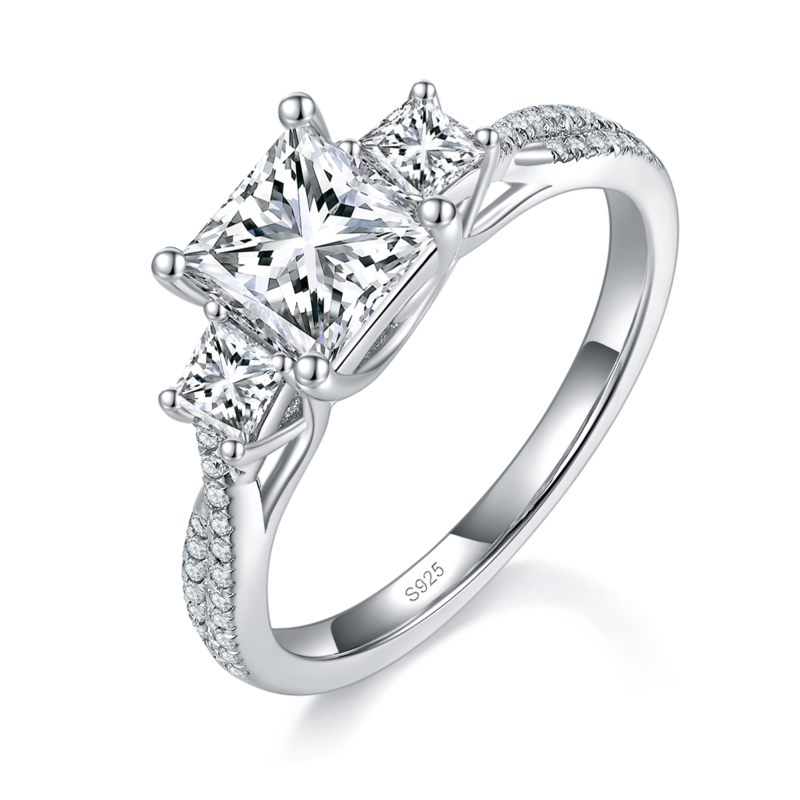 三石款公主方女戒S925银镀白金定制选款主石莫桑钻1.2ct/副石高碳钻