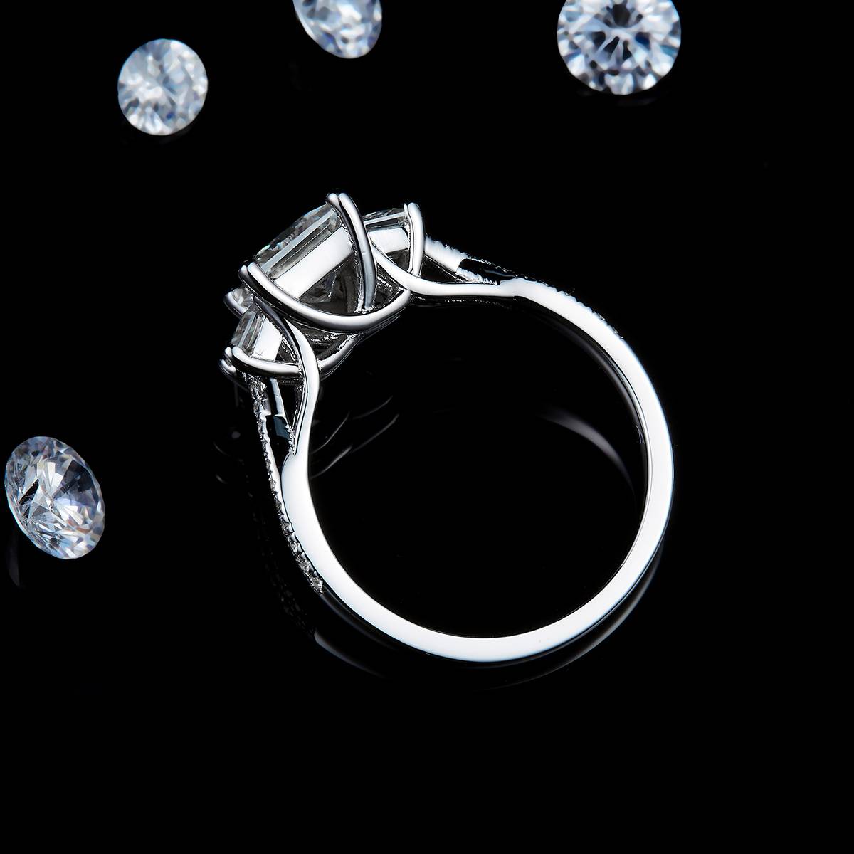 Three Stone Princess Women's Ring S925 Silver Plated Platinum Customized Selection Main Stone Moissanite 1.2ct/Side Stone Cubic Zirconia
