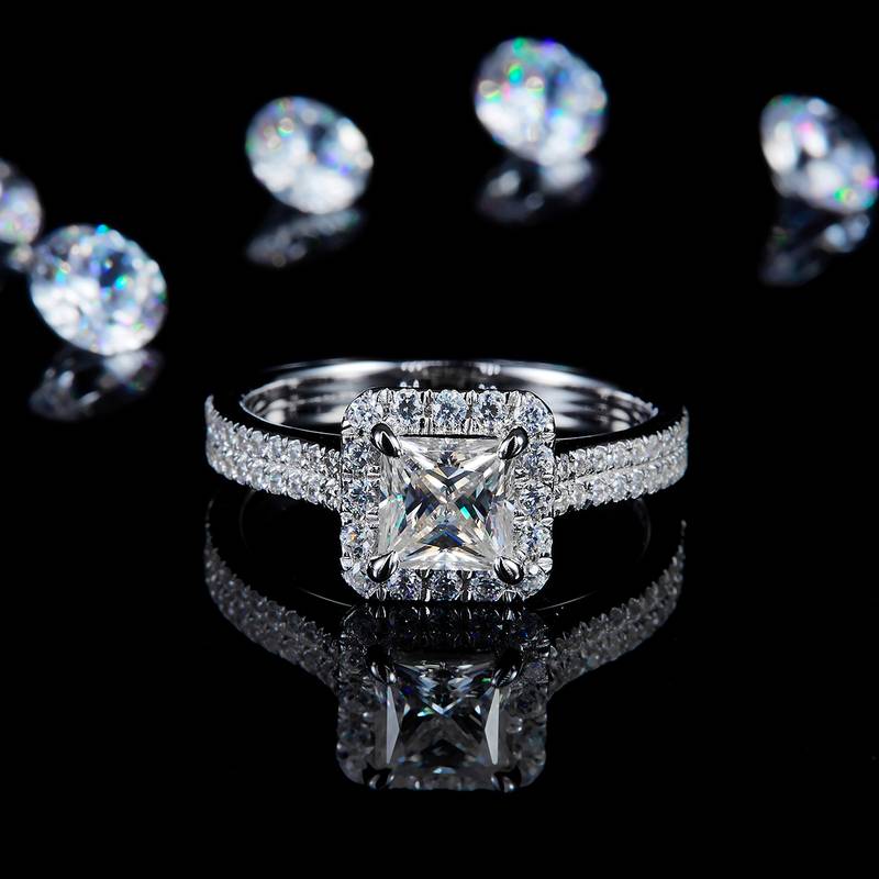 公主方钻Women's RingS925银镀白金定制选款主石Moissanite1.0ct/副石高碳钻
