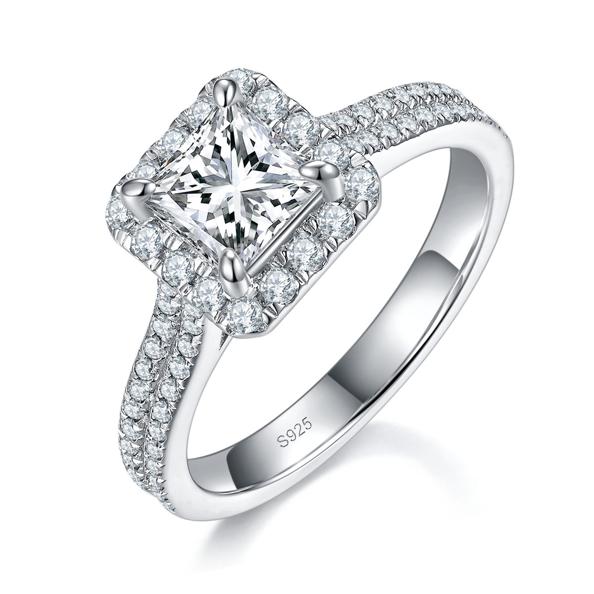 Princess Diamond Women's Ring S925 Silver Plated Platinum Customized Selection Main Stone Moissanite 1.0ct/Side Stone Cubic Zirconia