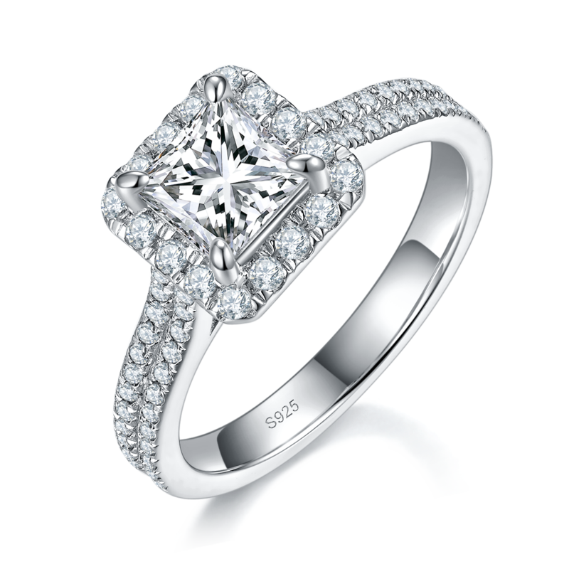 公主方钻Women's RingS925银镀白金定制选款主石Moissanite1.0ct/副石高碳钻