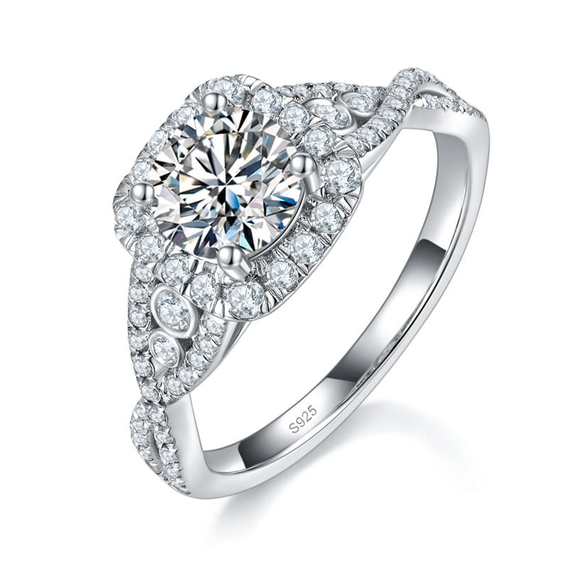 扭臂方包女戒S925银镀白金定制选款主石莫桑钻1.0ct/副石高碳钻